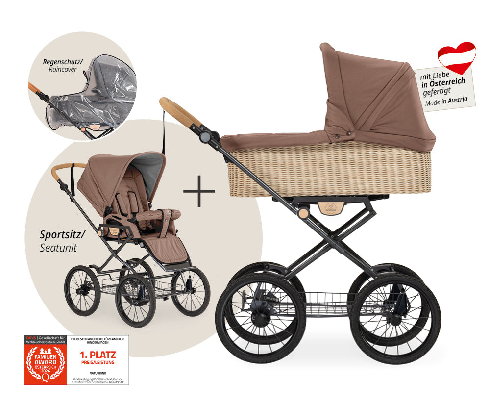 Naturkind Ida 2in1 Kinderwagen Cord Cognac Korb geflochten