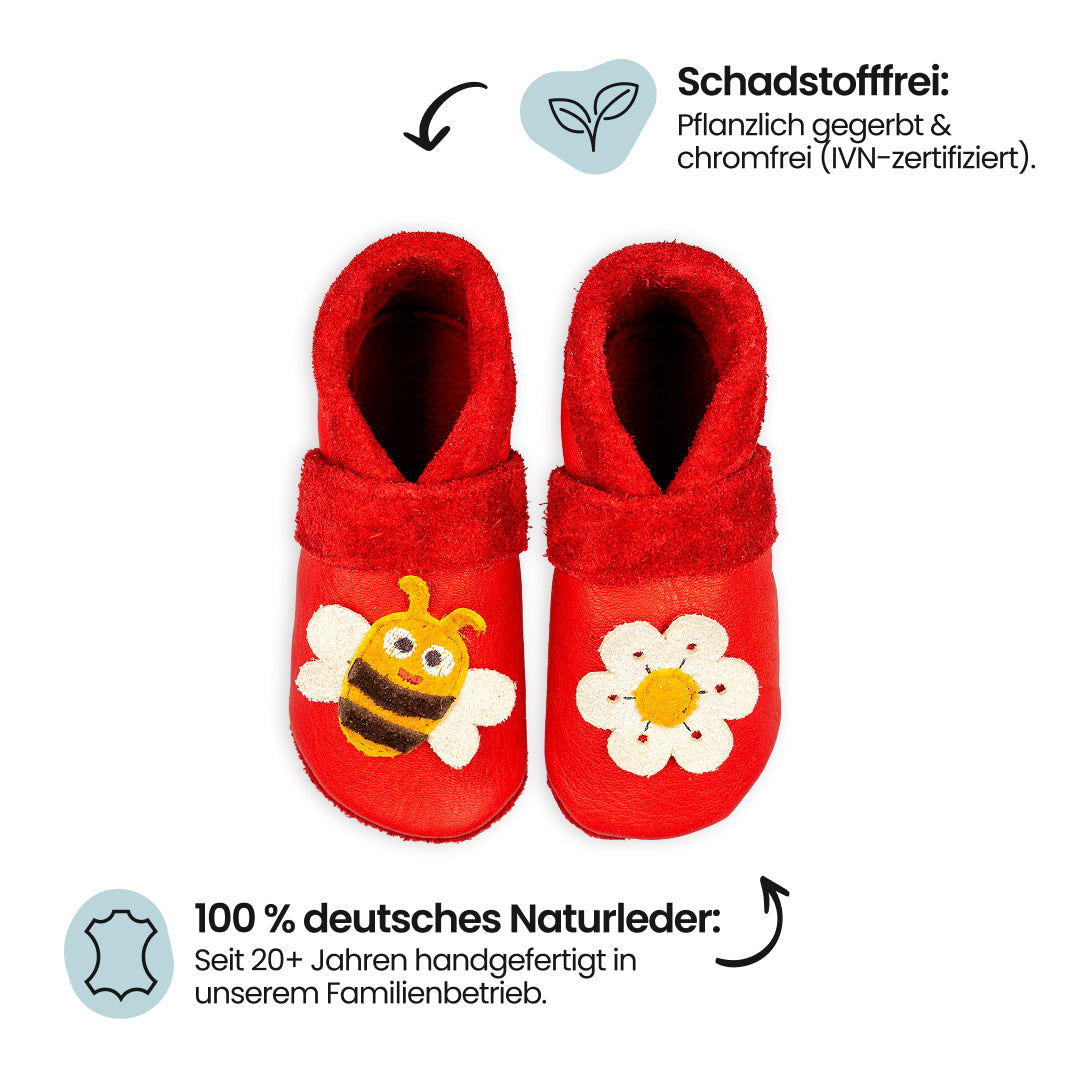 Pantolinos Biene und Blume Krabbelschuhe himbeer Naturleder