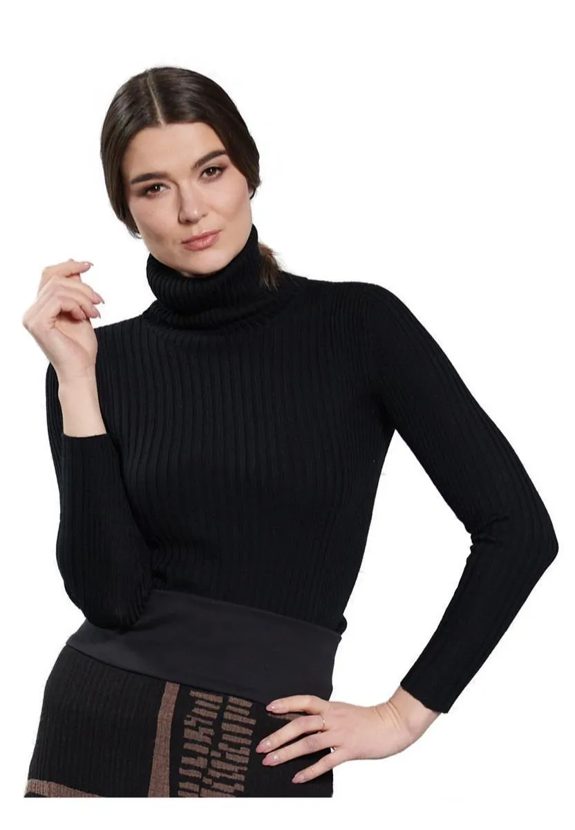 marlowe nature Rippenrolli Wollpullover schwarz S