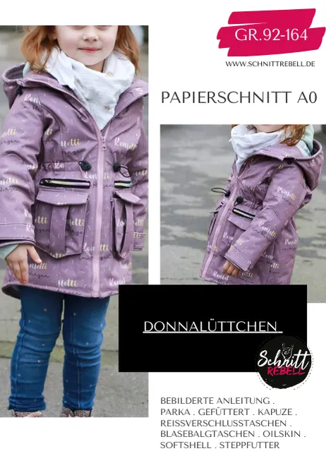 Schnittrebell Donnalüttchen Parka Papierschnitt Gr. 92-164 Kapuze