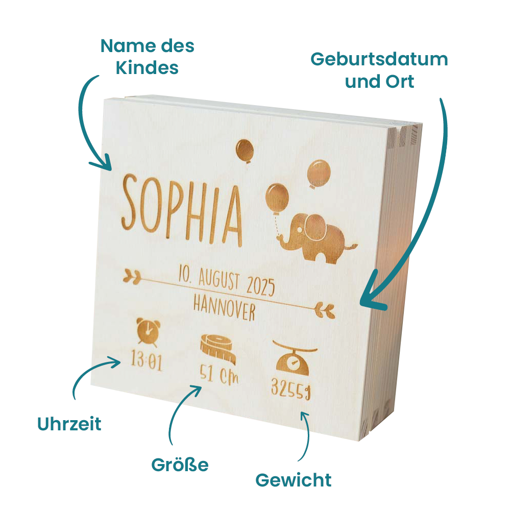Pantolinos Erinnerungsbox Geburt Elefant Holzbox personalisiert