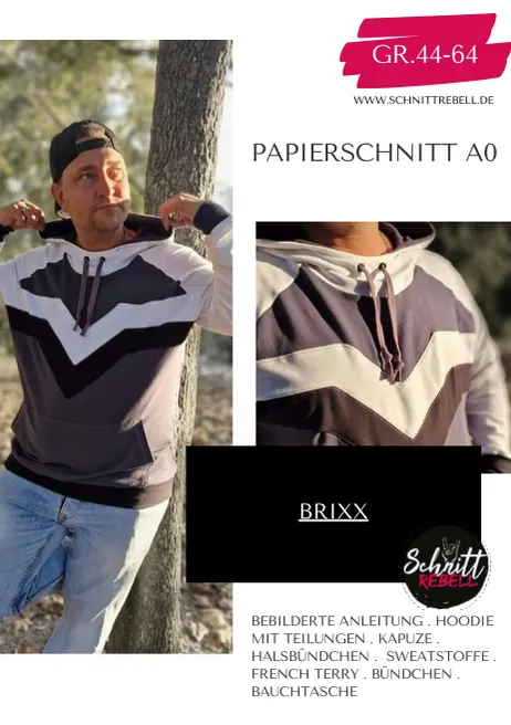Schnittrebell Papierschnitte Hoodie Brixx Schnittmuster Gr.44-64 Kapuze