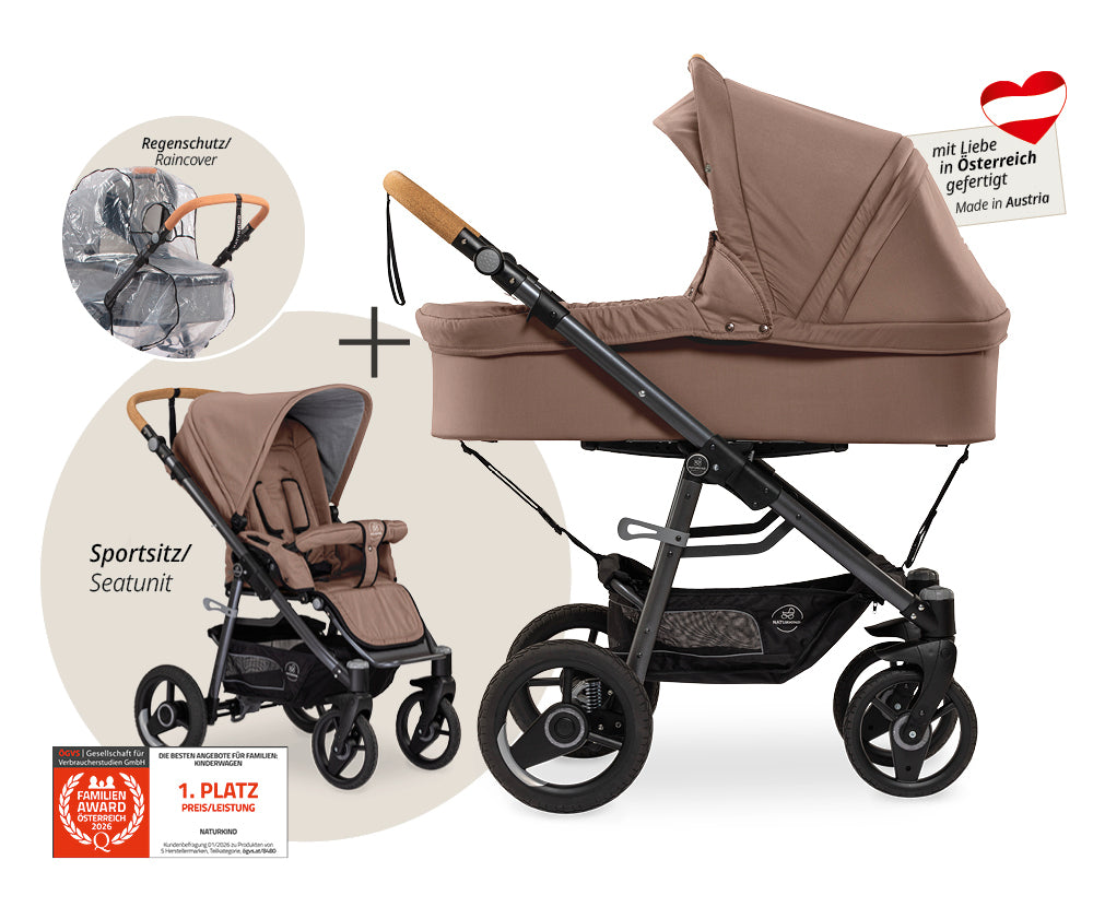 Naturkind Lux Evo 2in1 Kinderwagen Cord Cognac Federung