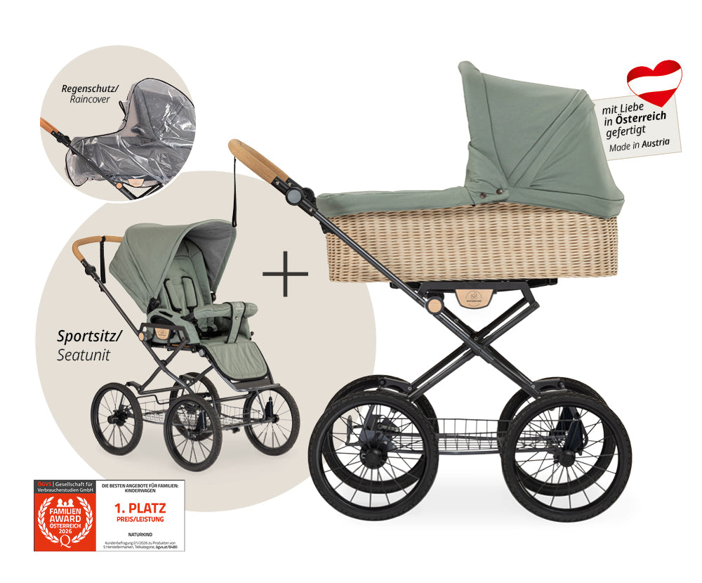 Naturkind Ida 2in1 Kinderwagen Cord Cognac Korb geflochten