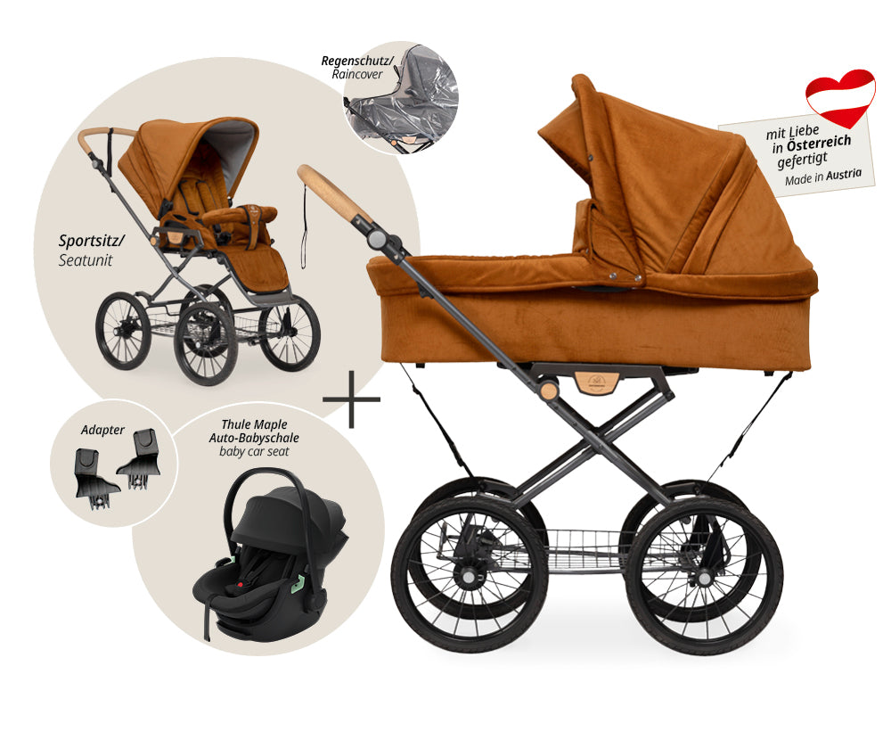 Naturkind Ida 3in1 Kinderwagen Cord Cognac mit Autoschale