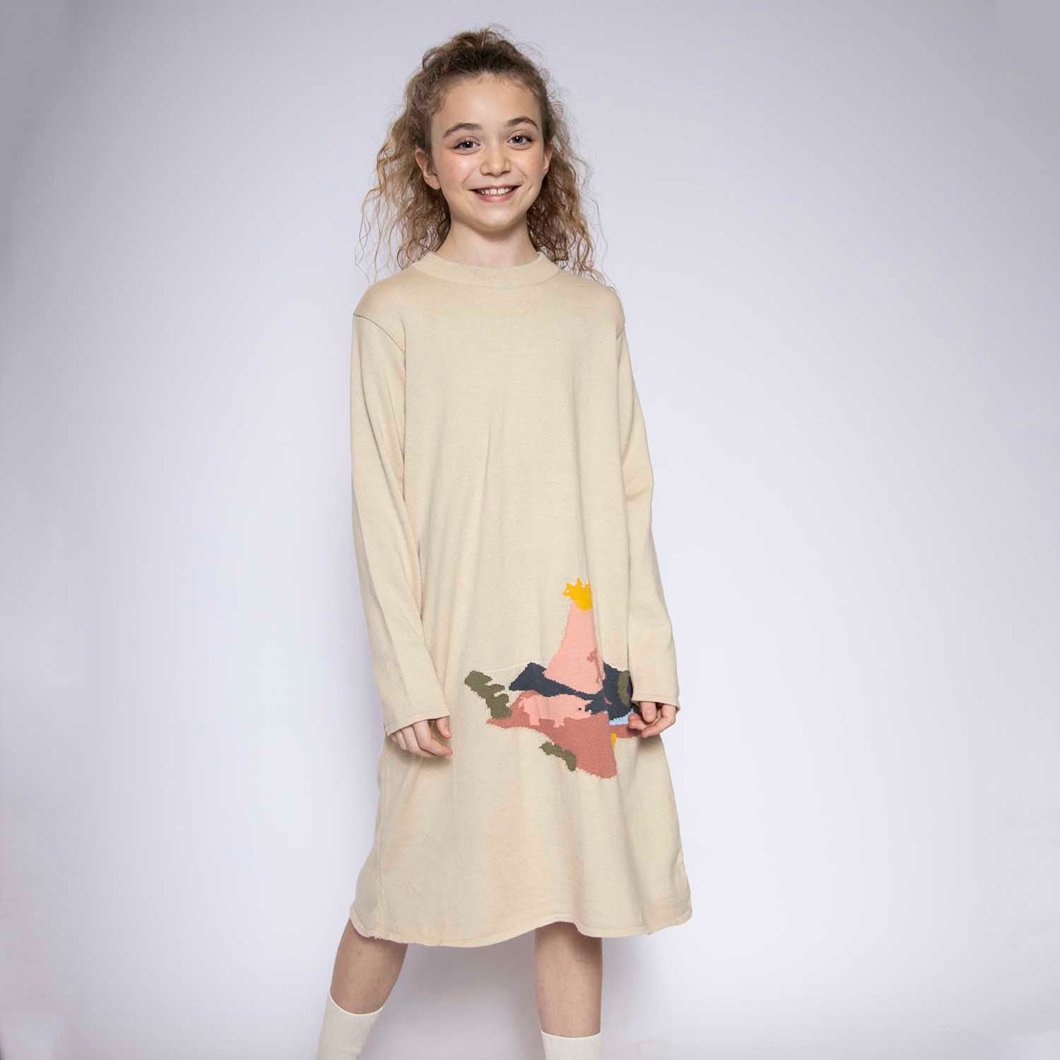 Infantium Victoria Strickkleid Mädchen beige Bio-Baumwolle Dino