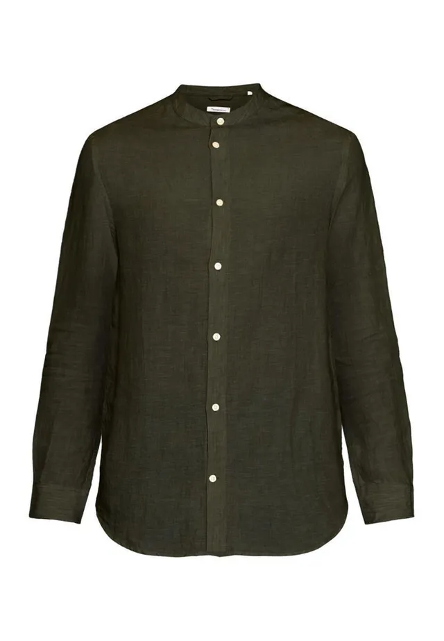 Knowledge Cotton Regular Linen Stehkragenhemd Burned Olive
