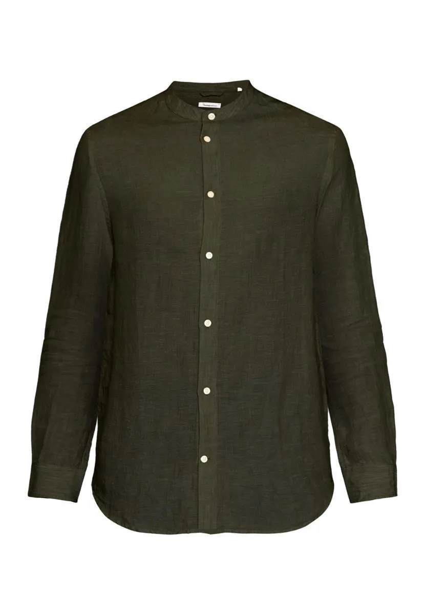 Knowledge Cotton Regular Linen Stehkragenhemd Burned Olive