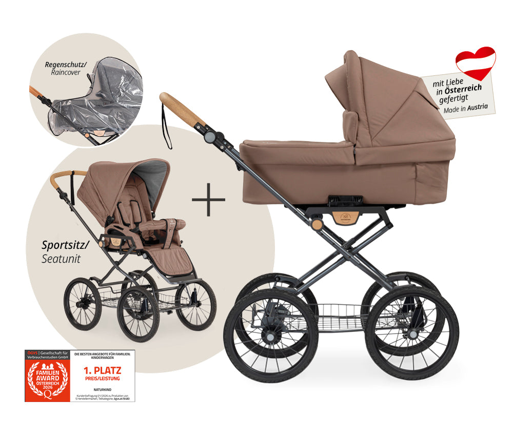 Naturkind Ida 2in1 Kinderwagen Cord Cognac mit Babykorb
