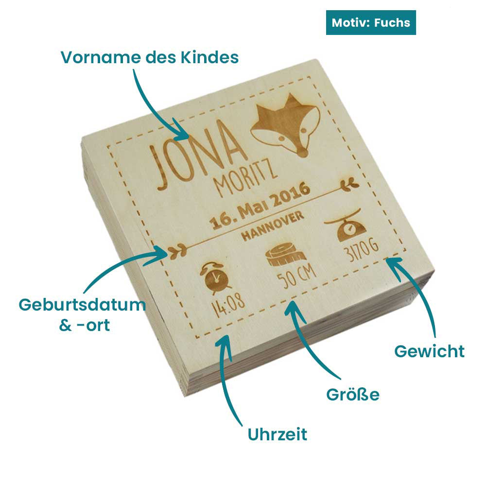 Pantolinos Geschenkbox Geburt Fuchs Holz Graviert
