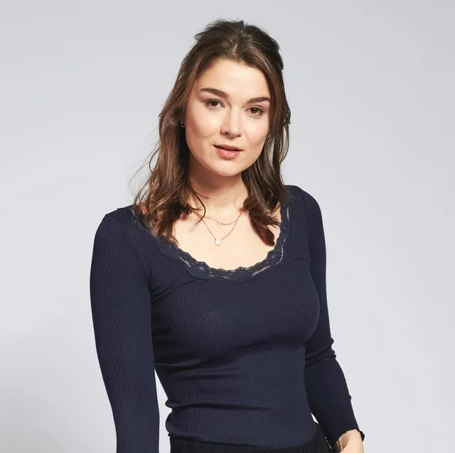marlowe nature Langarmshirt Spitze Seide merlot Rippenshirt