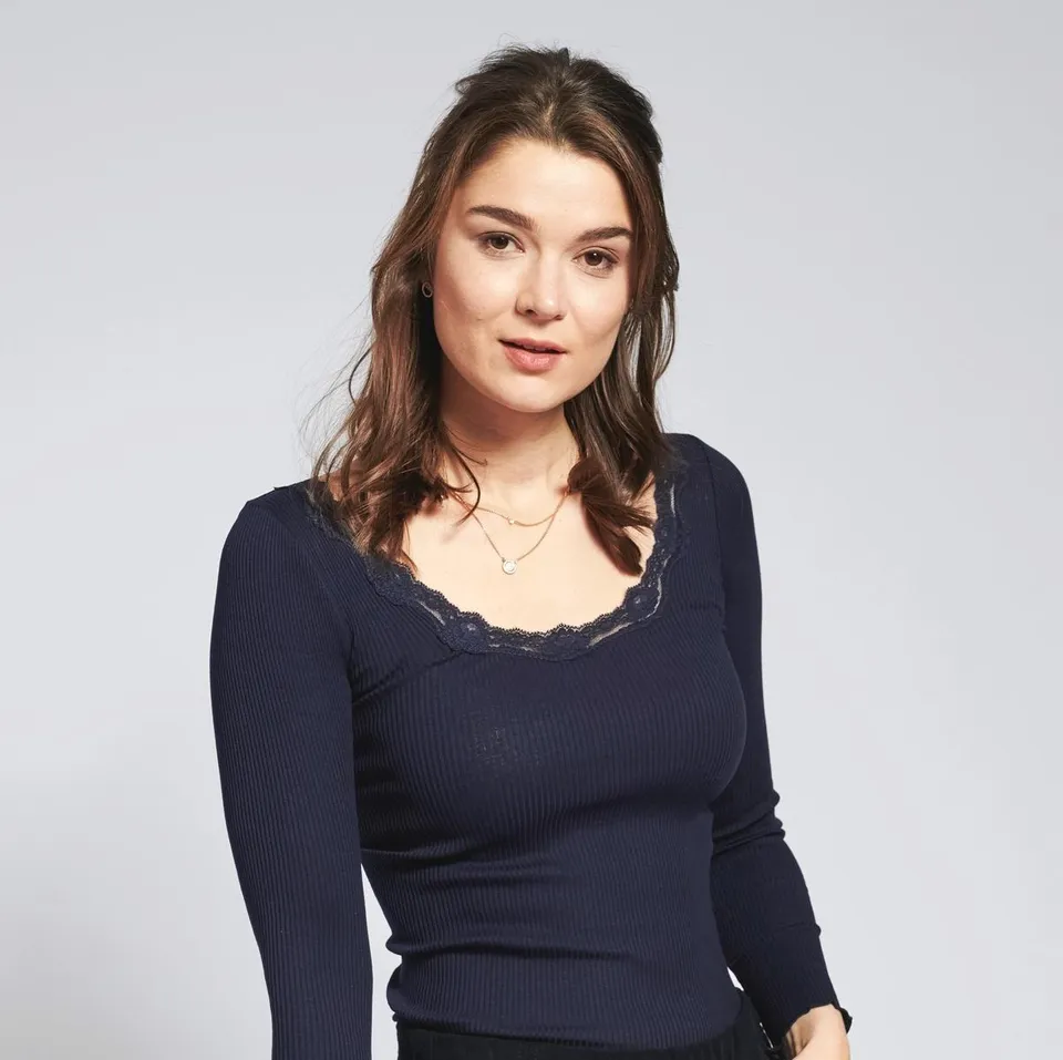 marlowe nature Langarmshirt Spitze Seide merlot Rippenshirt