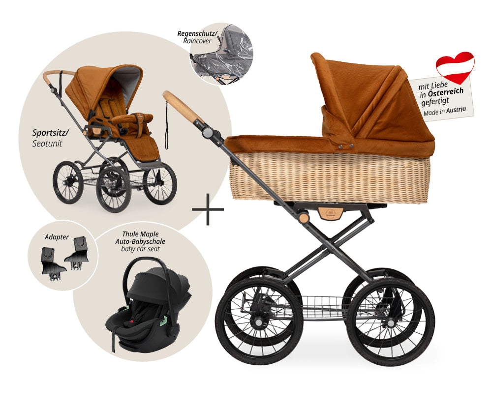 Naturkind Ida 3in1 Kinderwagen Cord Cognac geflochten