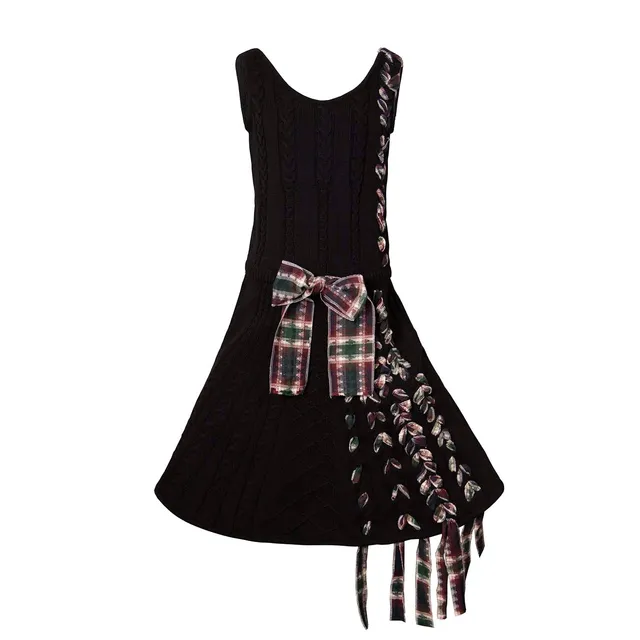 Infantium Victoria Strickkleid Mädchen Schwarz Zopf Tartan Baumwolle