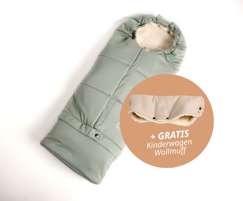 Naturkind Emma Wollfußsack Jade Set mit Wollmuff Merinowolle