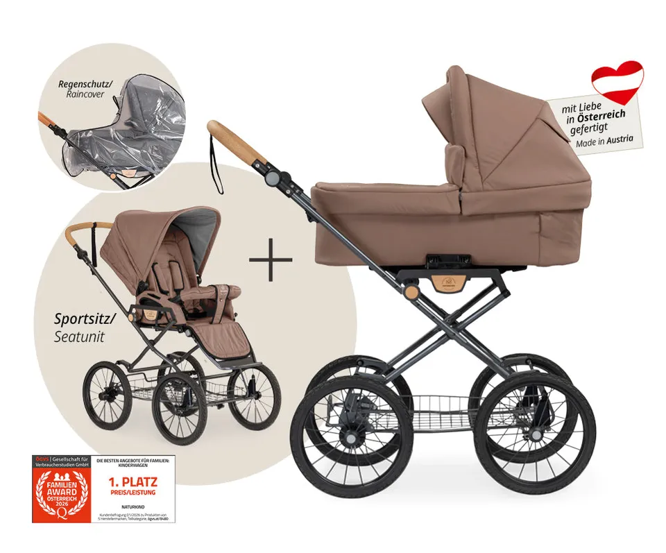 Naturkind Ida 2in1 Kinderwagen Cord Cognac mit Babykorb