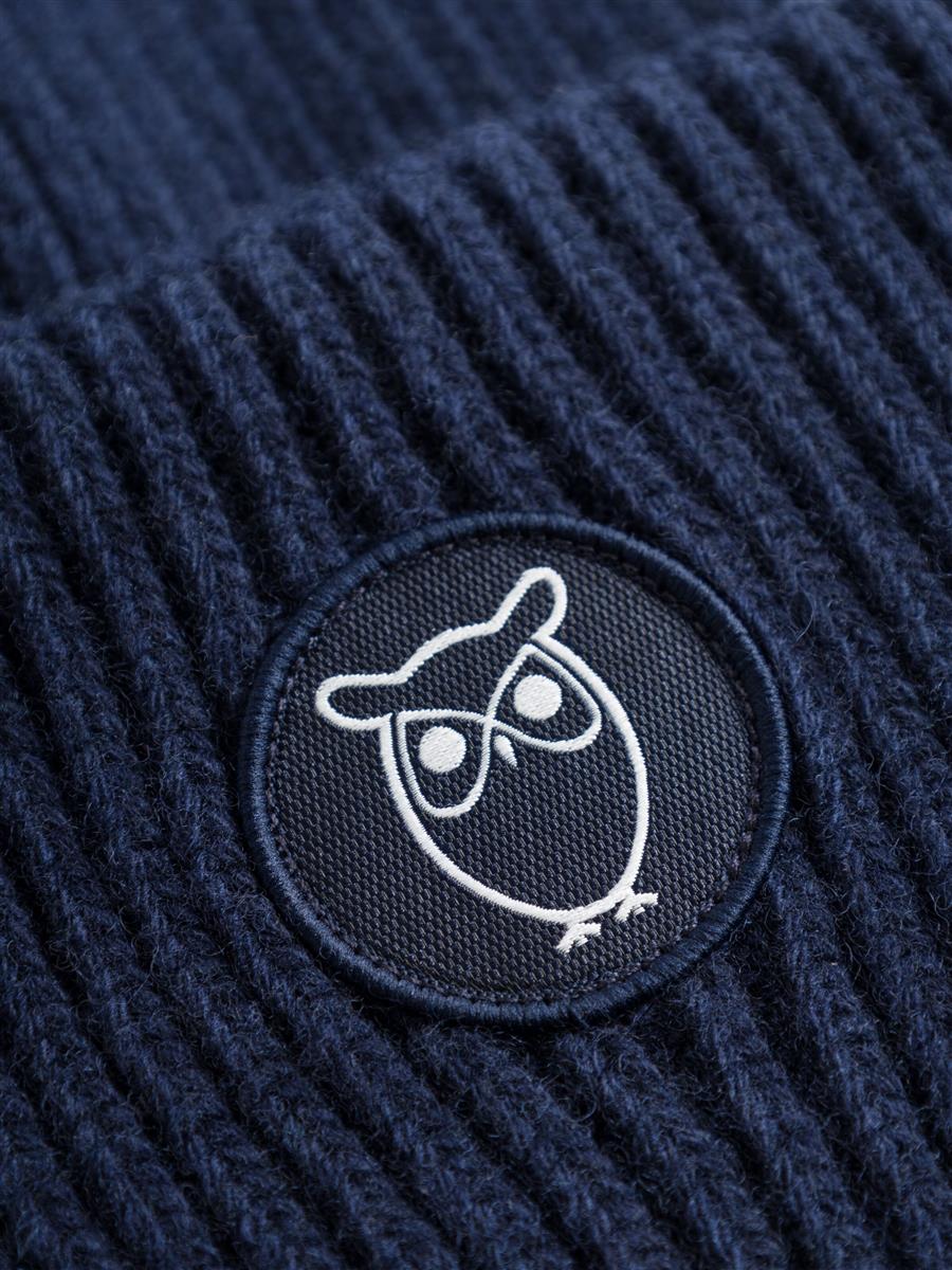 Knowledge Cotton Big Rib Beanie asley blue Wolle One Size Rippenstrick