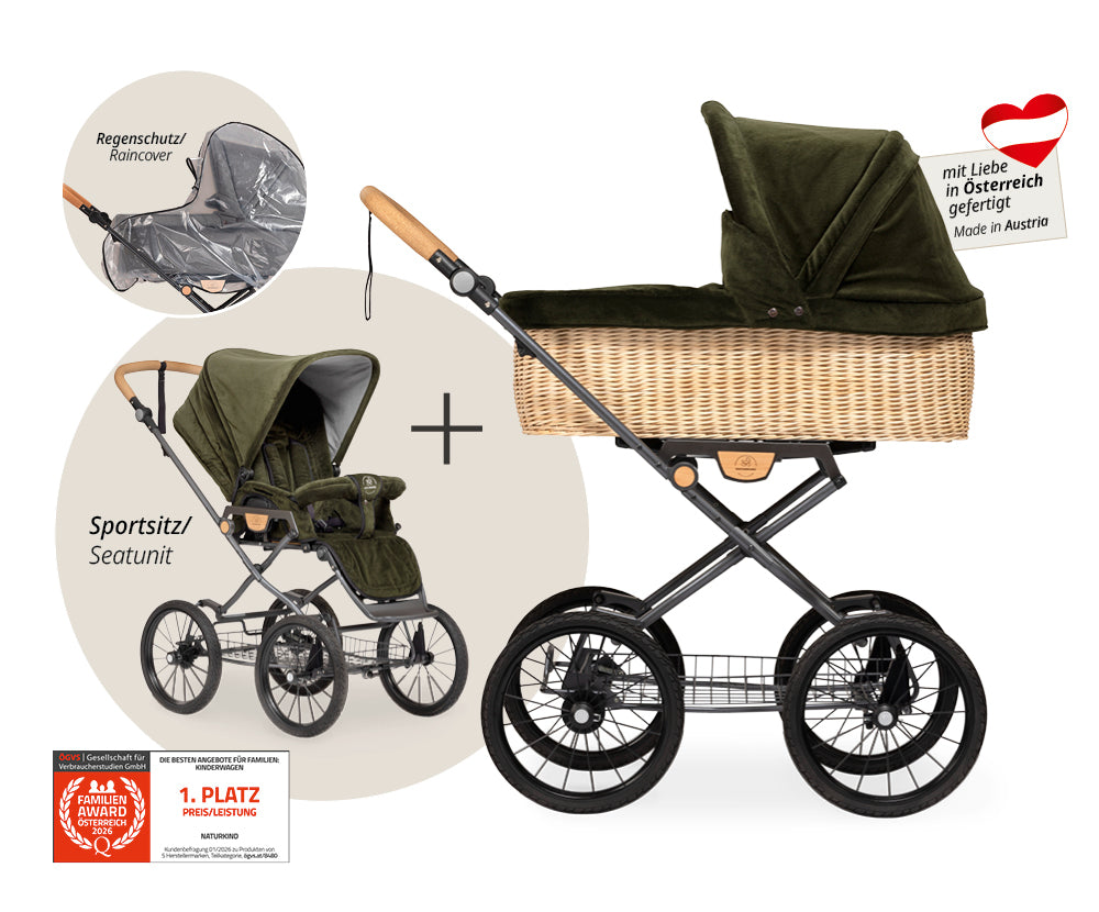 Naturkind Ida 2in1 Kinderwagen Cord Cognac Korb geflochten