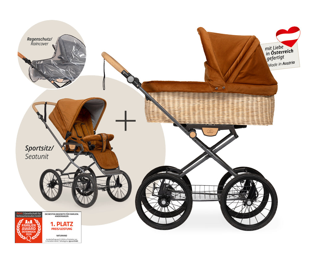 Naturkind Ida 2in1 Kinderwagen Cord Cognac Korb geflochten