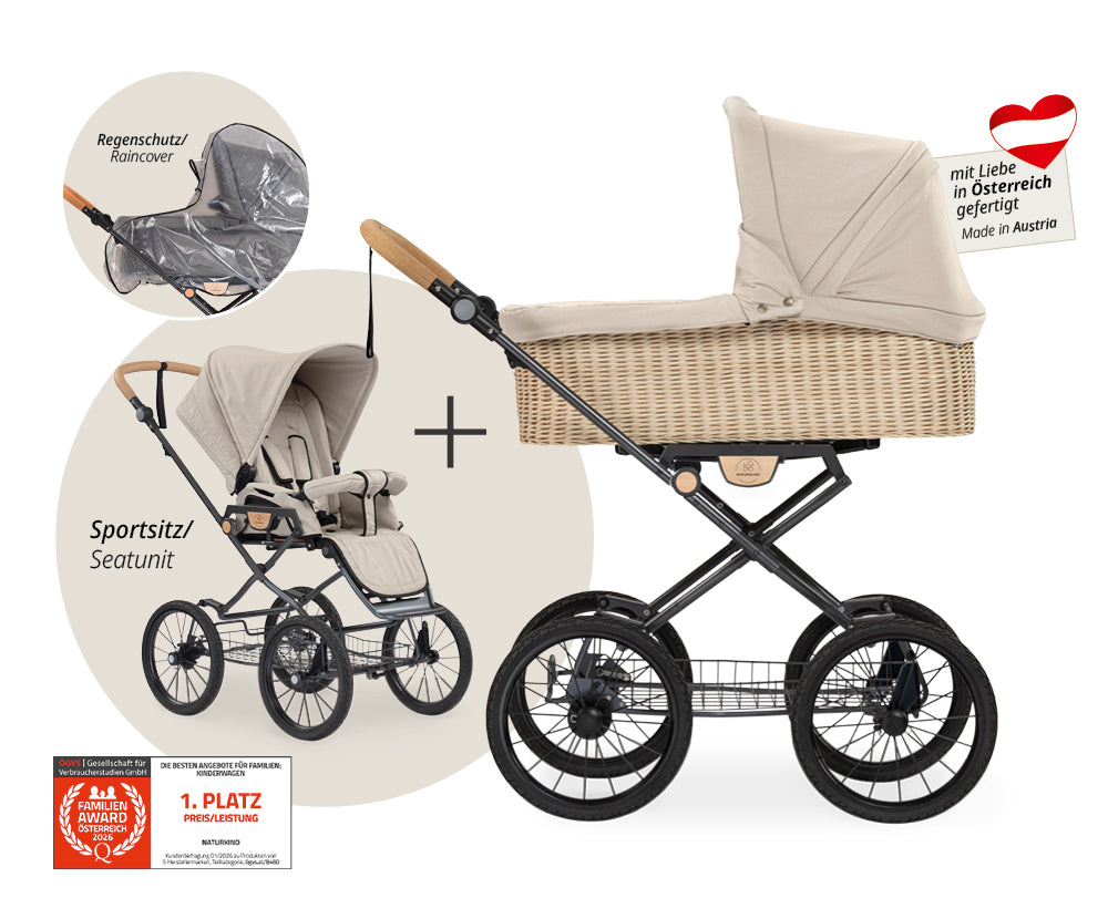 Naturkind Ida 2in1 Kinderwagen Cord Cognac Korb geflochten