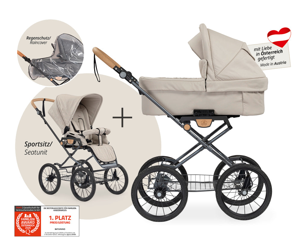 Naturkind Ida 2in1 Kinderwagen Cord Cognac mit Babykorb