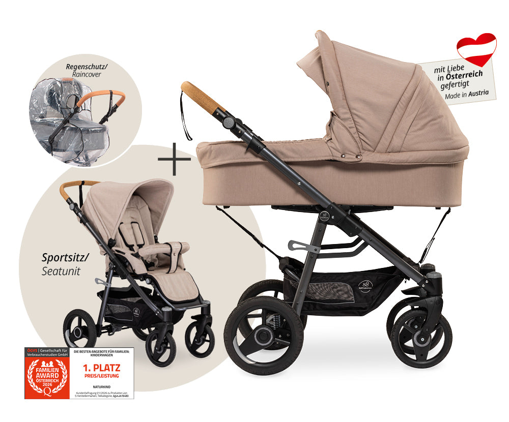 Naturkind Lux Evo 2in1 Kinderwagen Cord Cognac Federung