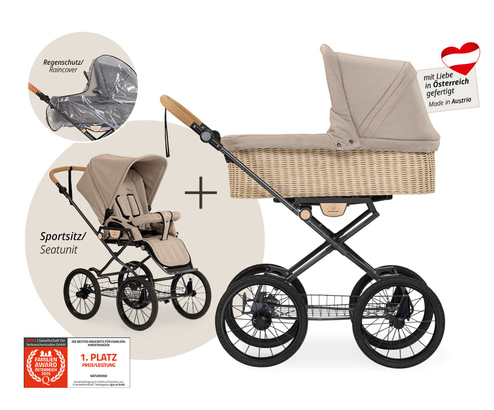 Naturkind Ida 2in1 Kinderwagen Cord Cognac Korb geflochten