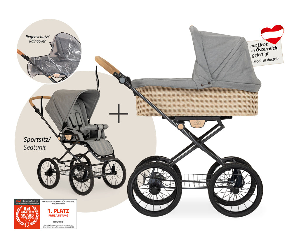 Naturkind Ida 2in1 Kinderwagen Cord Cognac Korb geflochten