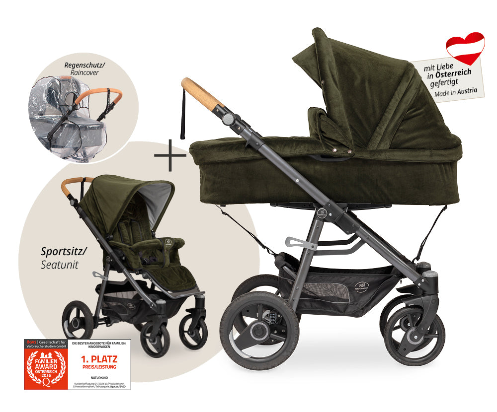 Naturkind Lux Evo 2in1 Kinderwagen Cord Cognac Federung