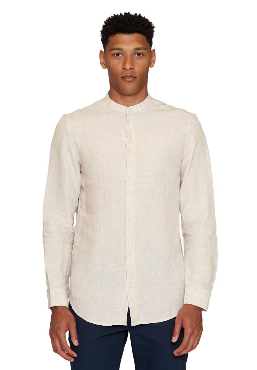 Knowledge Cotton Regular Linen Stehkragenhemd Burned Olive