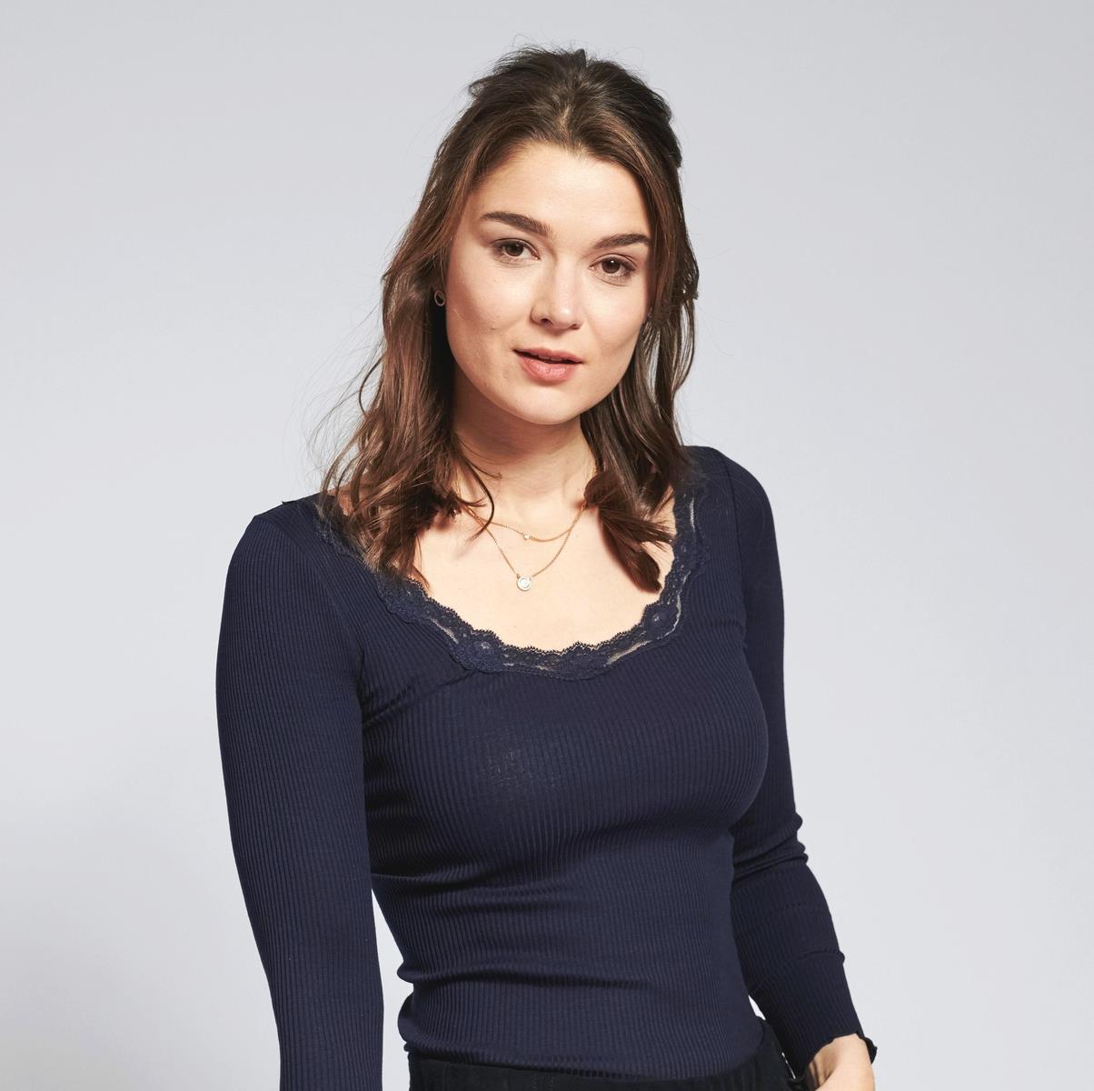 marlowe nature Langarmshirt Spitze Seide merlot Rippenshirt
