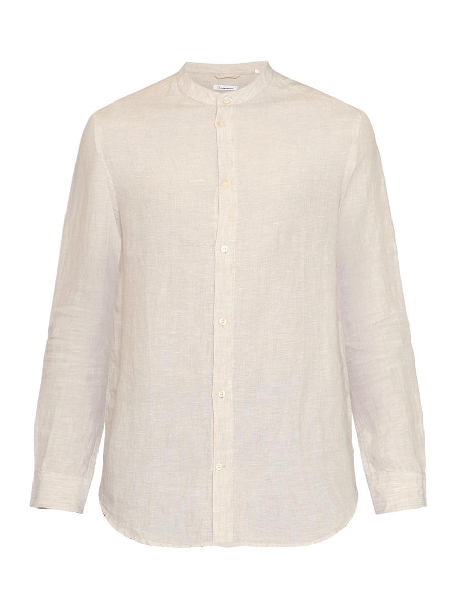 Knowledge Cotton Regular Linen Stehkragenhemd Burned Olive