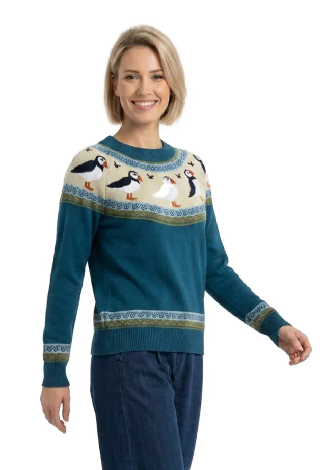 Marlowe Nature Fairisle Sweater Puffins Pullover corsair teal Bio