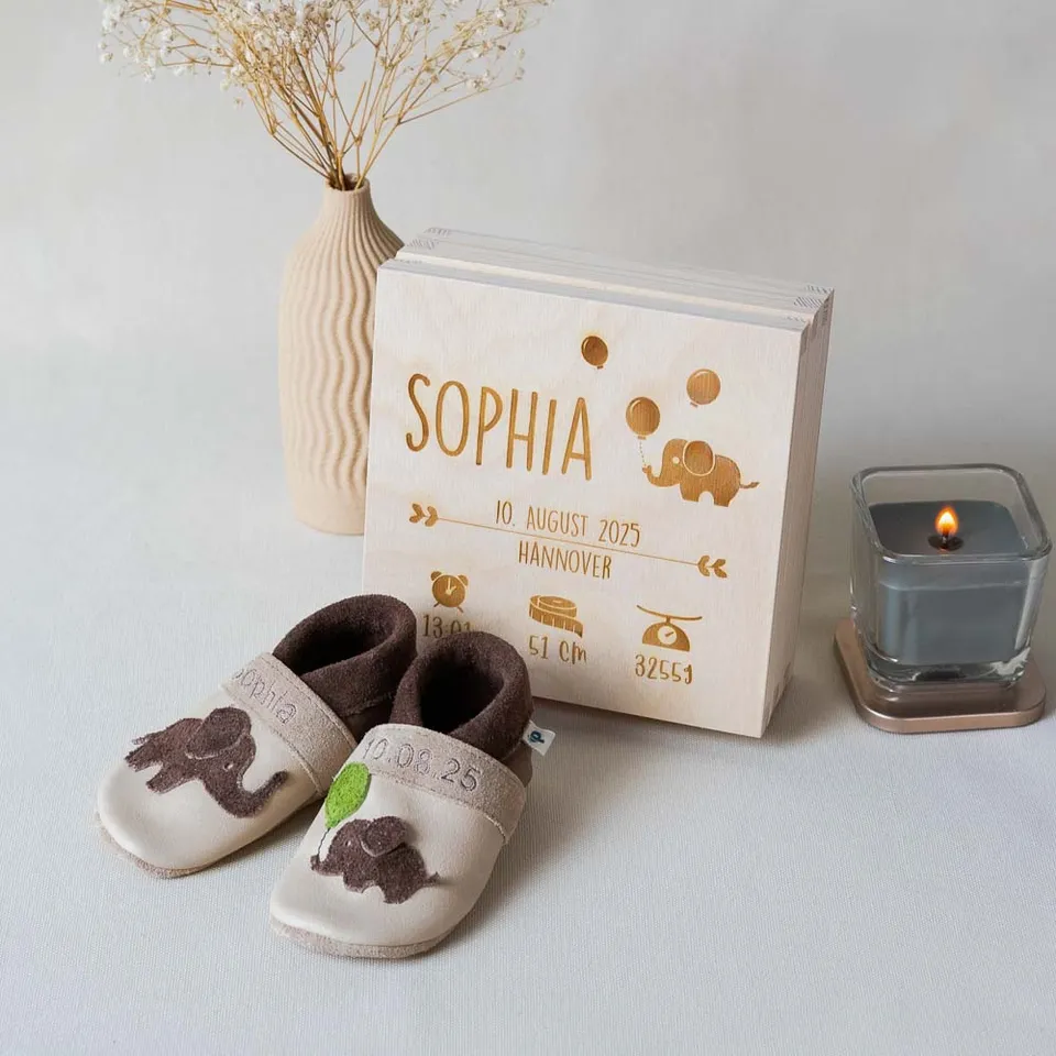 Pantolinos Geschenkset Geburt Elefant Schuhe 18/19 mit Holzbox