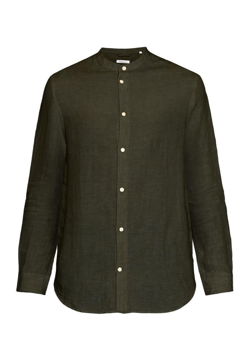 Knowledge Cotton Regular Linen Stehkragenhemd Burned Olive