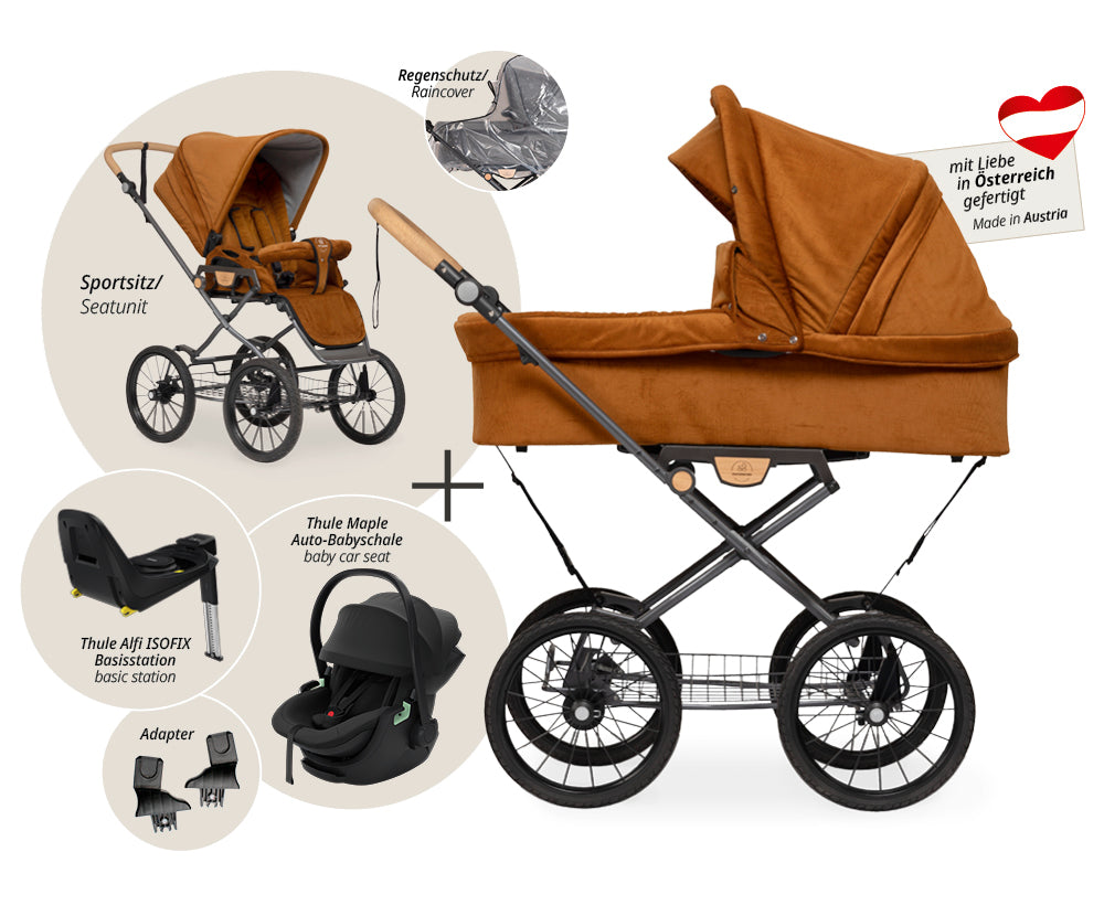 Naturkind Ida 4in1 Kinderwagen Cord Cognac mit Thule Maple