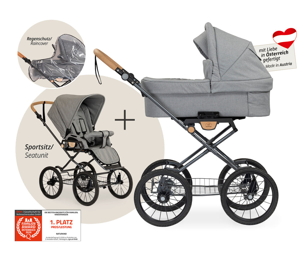 Naturkind Ida 2in1 Kinderwagen Cord Cognac mit Babykorb