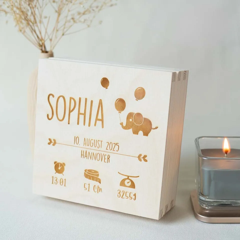 Pantolinos Erinnerungsbox Geburt Elefant Holzbox personalisiert