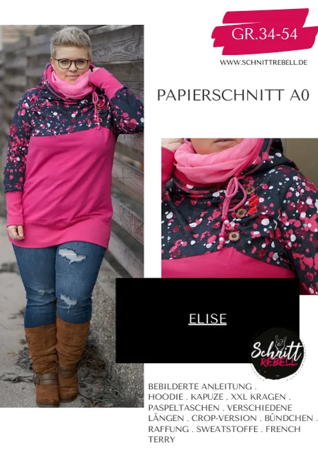 Schnittrebell Elise Gr. 34-54 Papierschnitt Hoodie Crop Damen