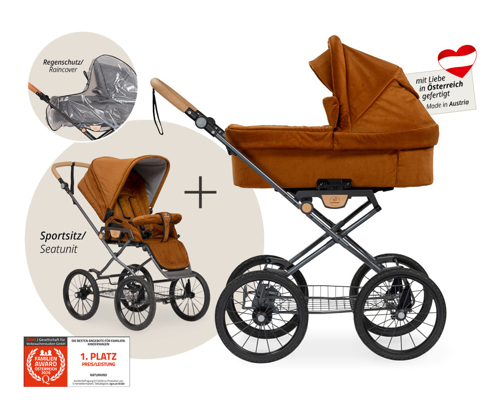Naturkind Ida 2in1 Kinderwagen Cord Cognac mit Babykorb