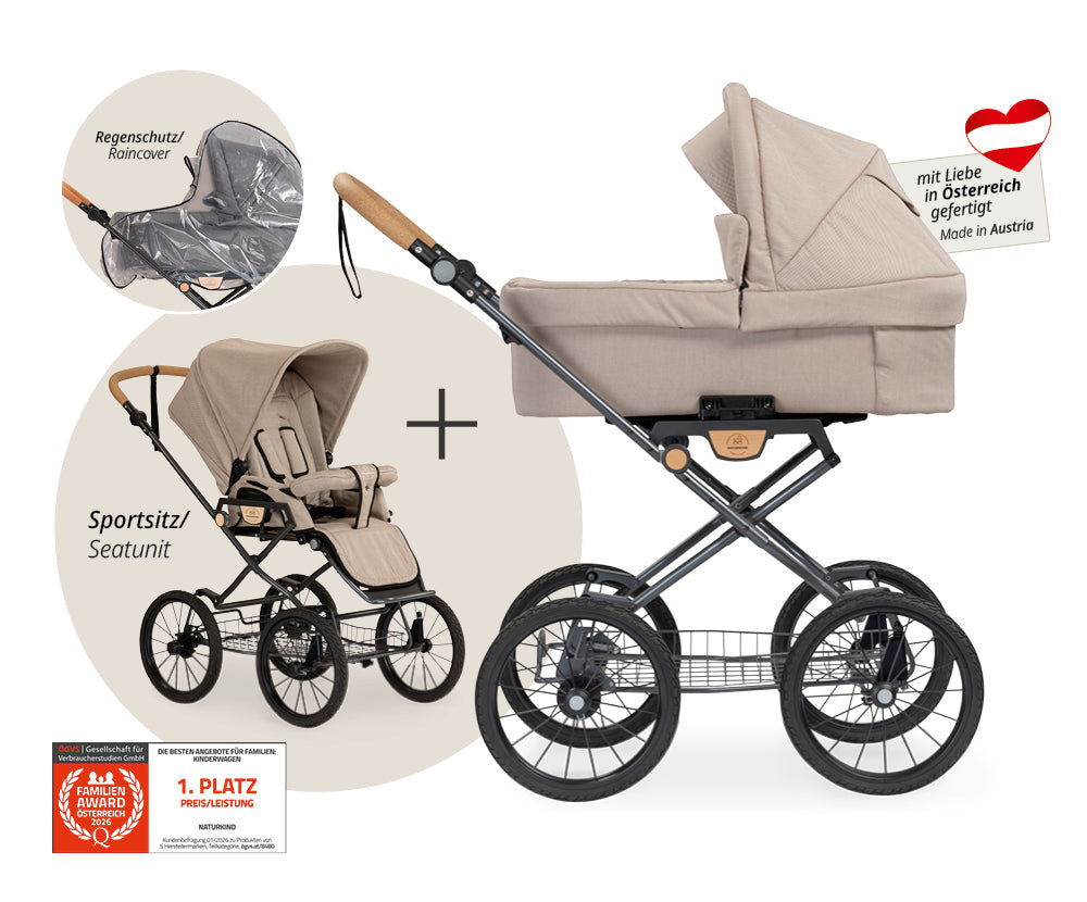 Naturkind Ida 2in1 Kinderwagen Cord Cognac mit Babykorb