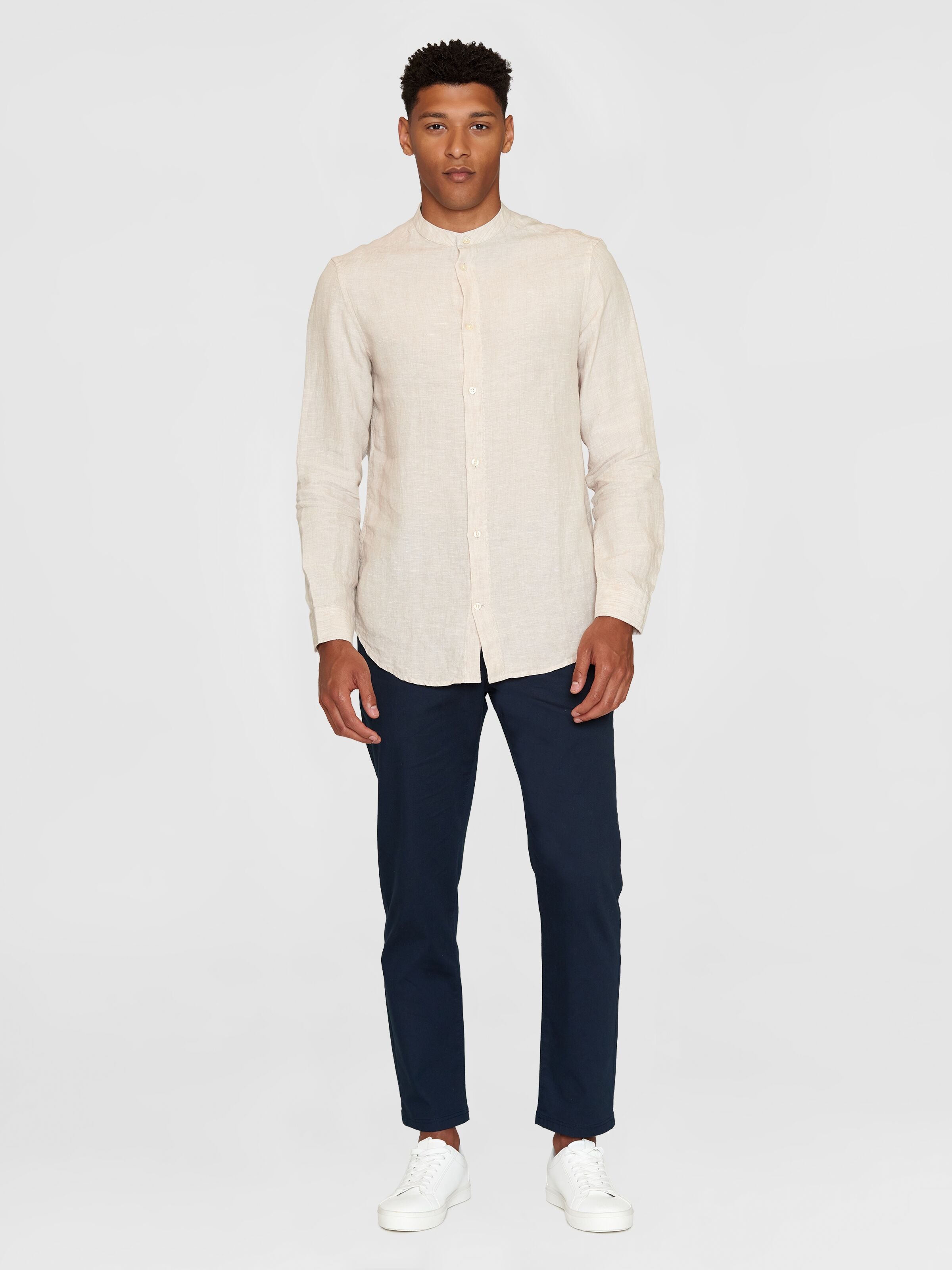 Knowledge Cotton Regular Linen Stehkragenhemd Burned Olive