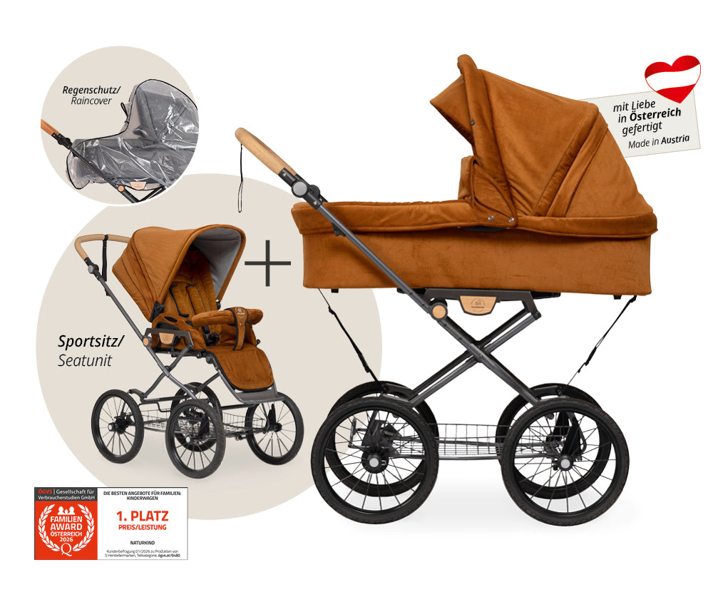 Naturkind Ida 2in1 Kinderwagen Cord Cognac mit Babykorb Max