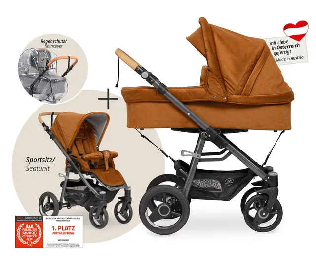 Naturkind Lux Evo 2in1 Kinderwagen Cord Cognac Federung