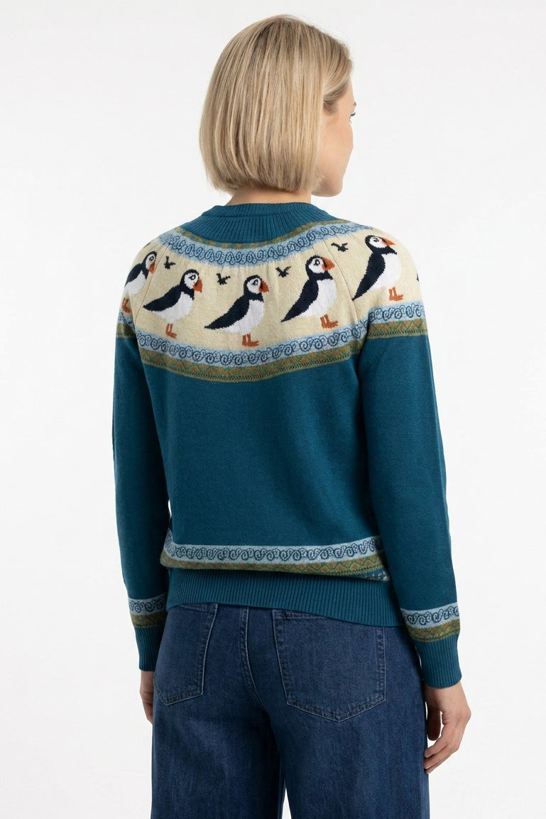 Marlowe Nature Fairisle Sweater Puffins Pullover corsair teal Bio