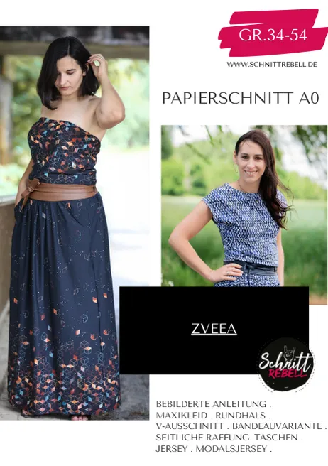 Schnittrebell Zveea Maxikleid Papierschnitt Gr.34-54 Gürtel