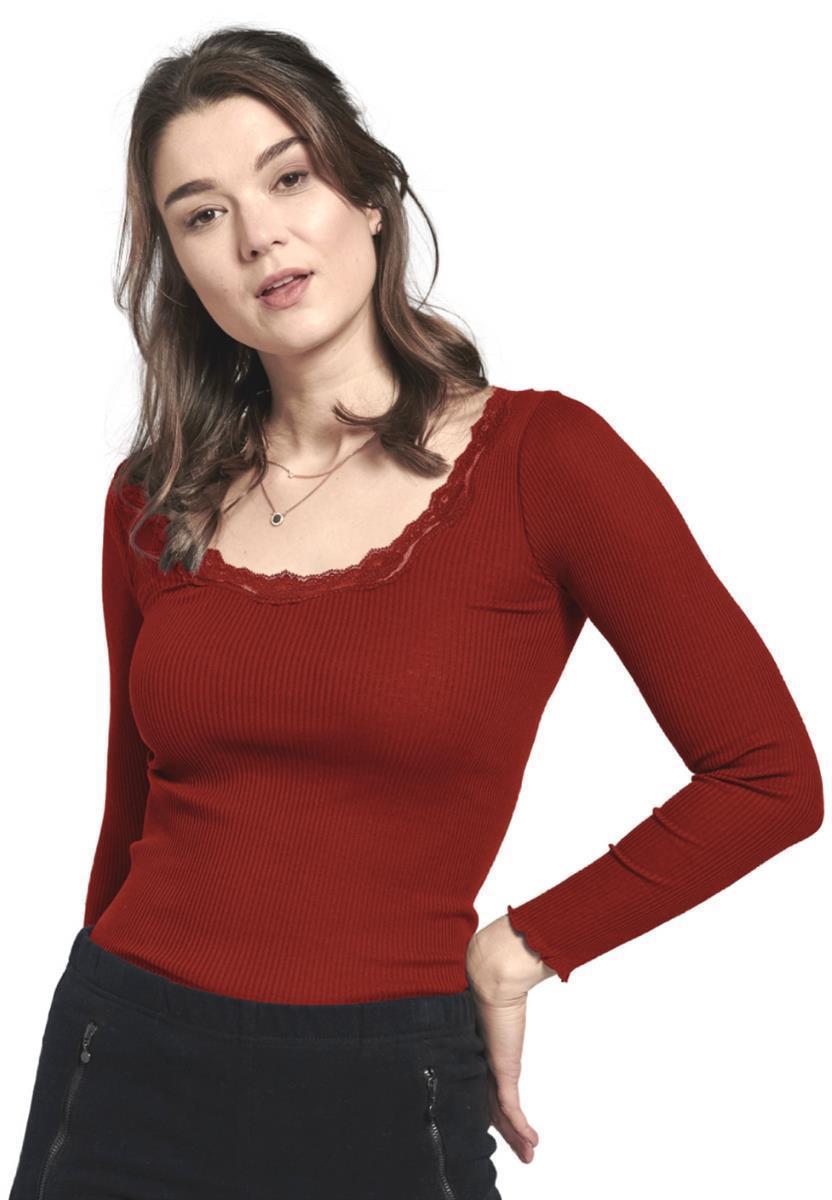 marlowe nature Langarmshirt Spitze Seide merlot Rippenshirt