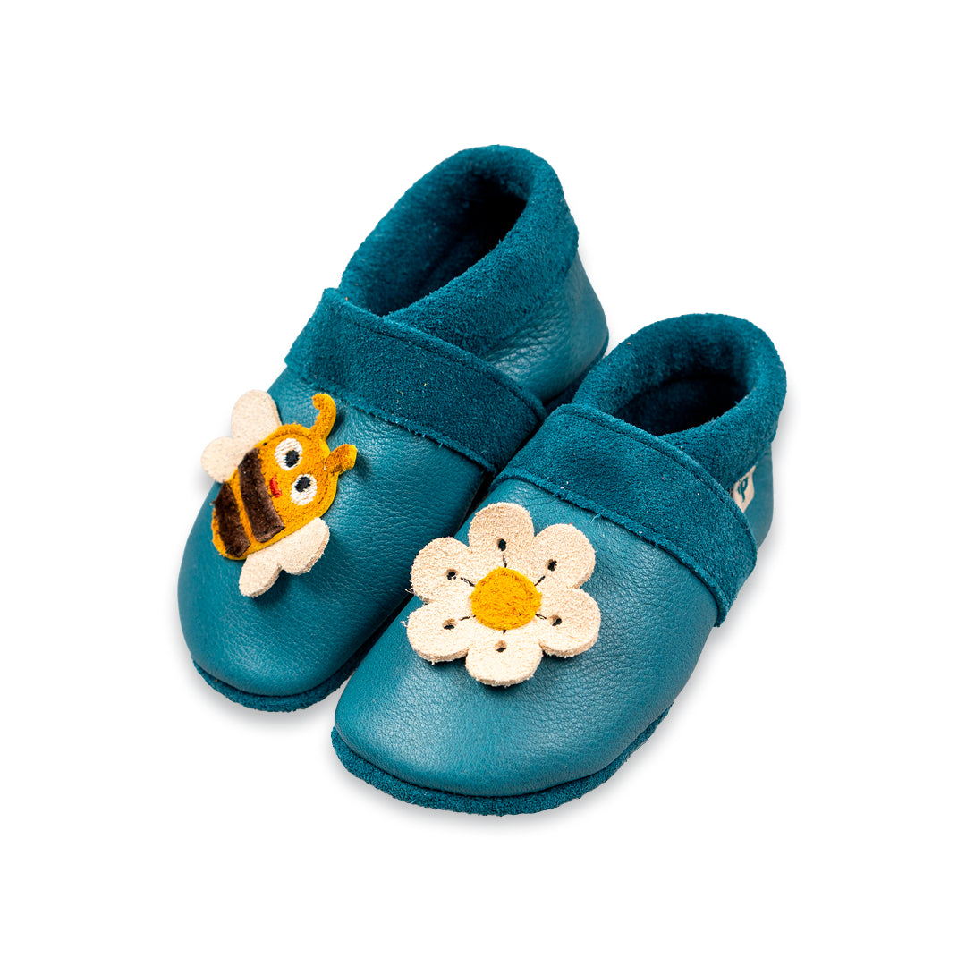 Pantolinos Biene und Blume Krabbelschuhe himbeer Naturleder